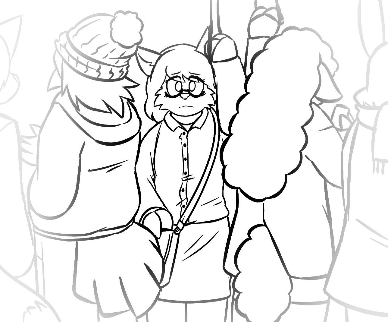 Chapter 1 Illustration. A deer woman with shoulder bag, glasses, skirt, button-up shirt stands in a crowded subway car. She looks uncomfortable holding onto an overhead handle, and other anthropormorphic people press into her shoulders. They are all facing away from her.