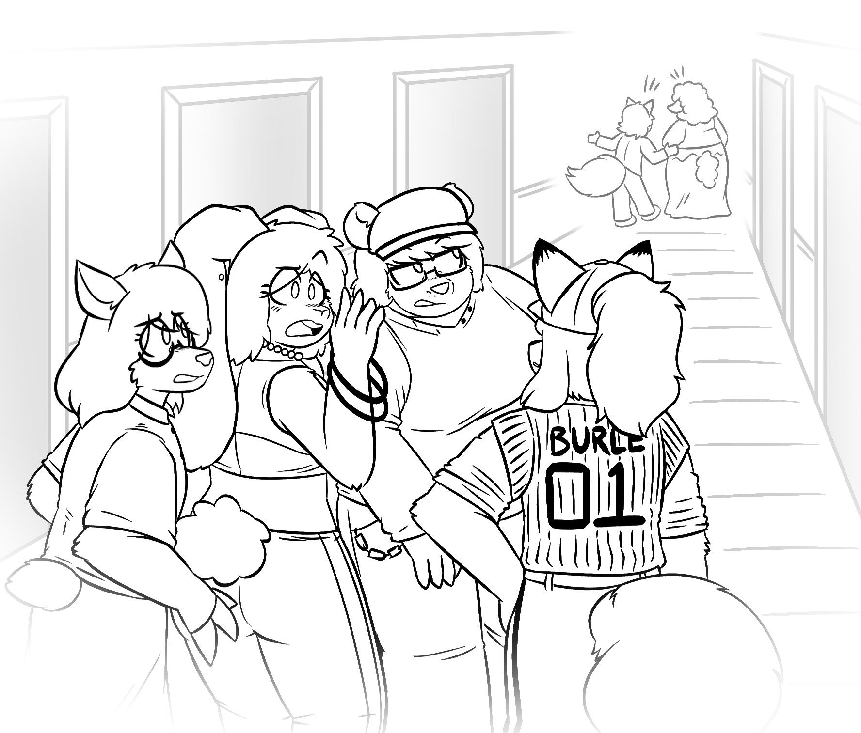 Chapter 9, first illustration. Holly, Faye, Bridgette, and Azure stand in a hallway, and Faye, Bridgette, and Azure appear to be gossiping. Holly is visibly taken aback. In the distance, Delouise and Fords are visible, speaking to each other.