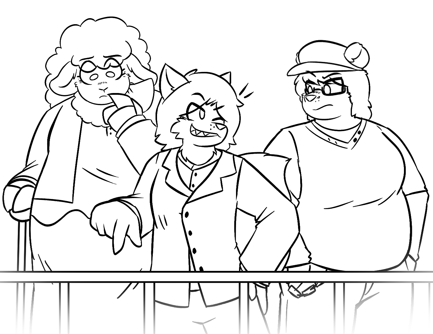 Chapter 9, second illustration. Fords, Delouise, and Bridgette stand behind a railing on a catwalk. Delouise is pointing to something below them all and winking smugly at Bridgette, who looks unimpressed. Fords seems curious and confused about Delouise's suggestions.