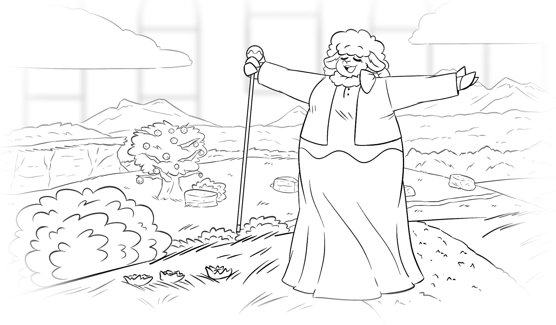 Chapter 11, first illustration. Fords stands on a dirt trail, with a rolling landscape behind her dotted by trees, rocks, and bushes. On the horizon, beyond a distant mountain range, is the vague impression of the factory's windows towering in the sky.