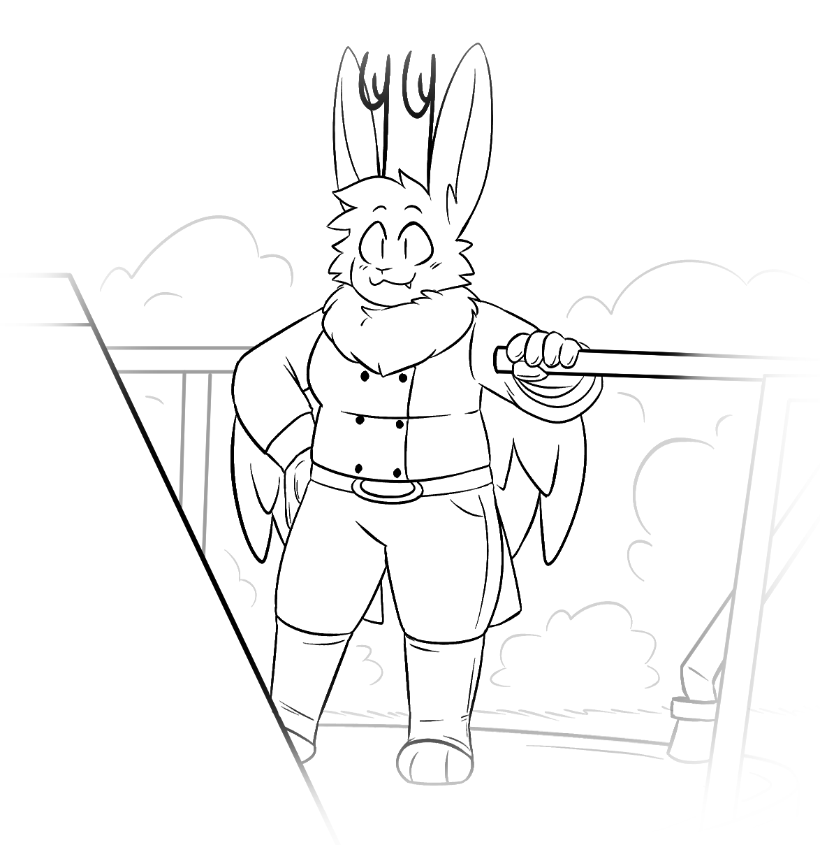 Chapter 11, second illustration. A wolpertinger, a well-dressed, rabbit-like fairy with antlers and feathered wings, stands at the back of a canal boat. She is holding onto the boat's rudder, and her simple grin reveals a single snaggle tooth.