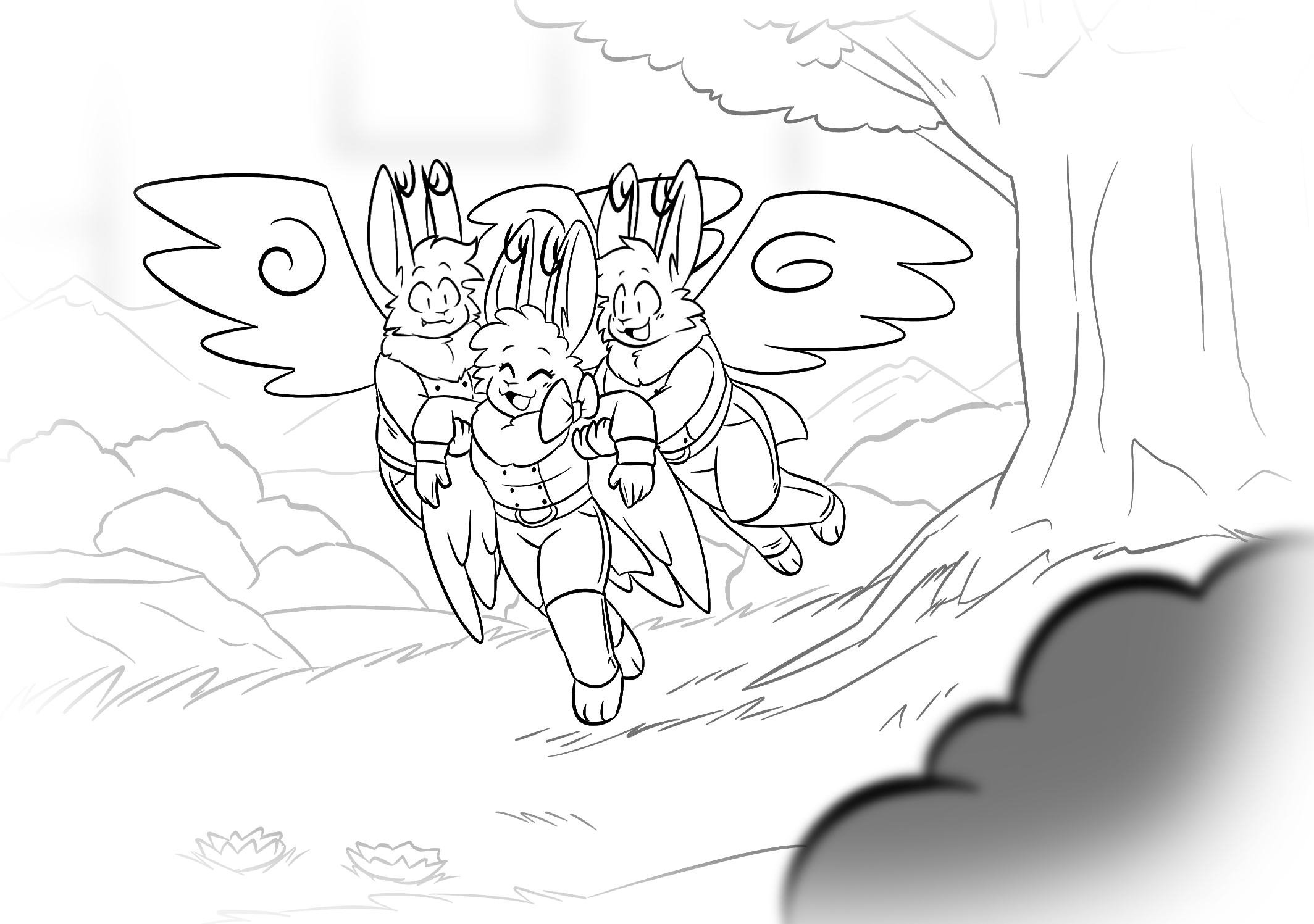 Chapter 12, first illustration. Two wolpertingers fly in the air, helping a third to her feet. The third slightly resembles Fords.