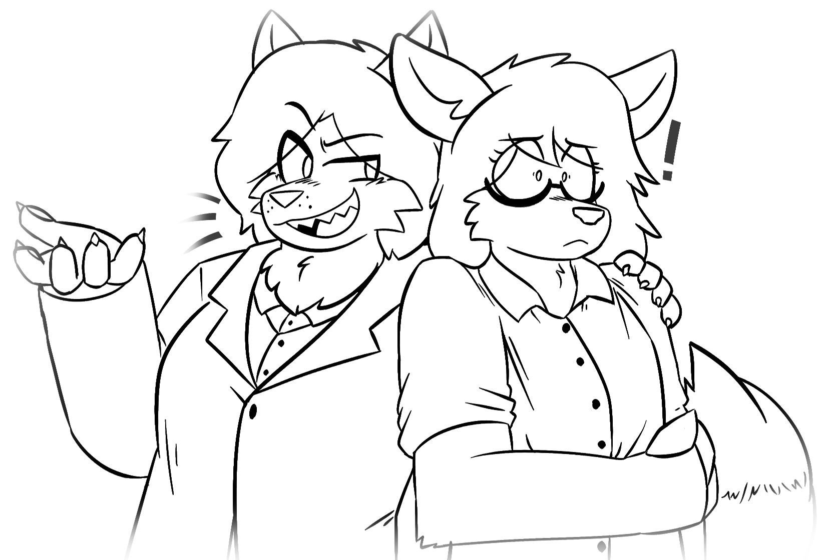 Chapter 12, second illustration. Delouise leans against Holly, wrapping an arm around her and grabbing her shoulder. Holly looks surprised and uncomfortable, and she is gripping her side with one hand.