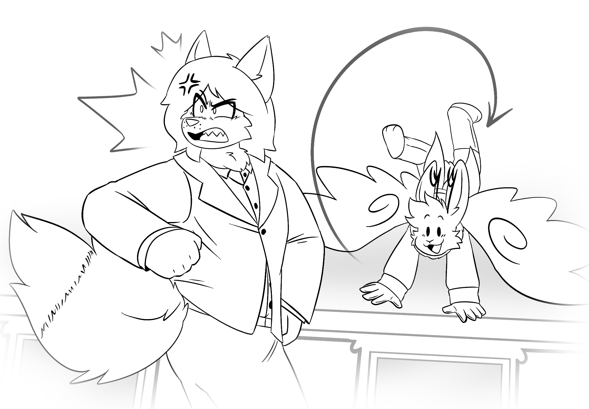 Chapter 13, first illustration. Delouise, enraged, looks over her shoulder. In front of her, a wolpertinger performs an aerial backflip, and a narrowboat is visible.