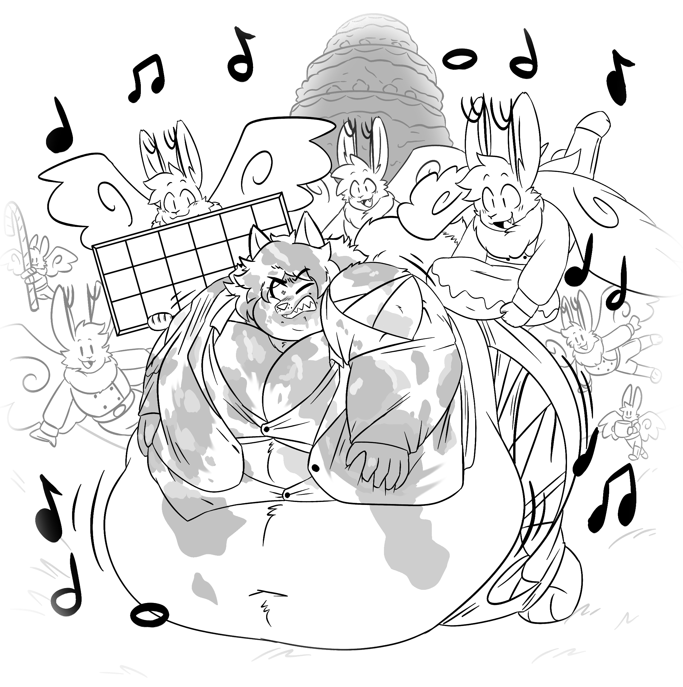 Chapter 13, second illustration. Delouise, now cartoonishly fat, kneels on one knee and struggles to rise to her feet. Her suit and fur are covered in stains, and a swarm of gleeful wolpertingers surround her with large pieces of candy and sweets.