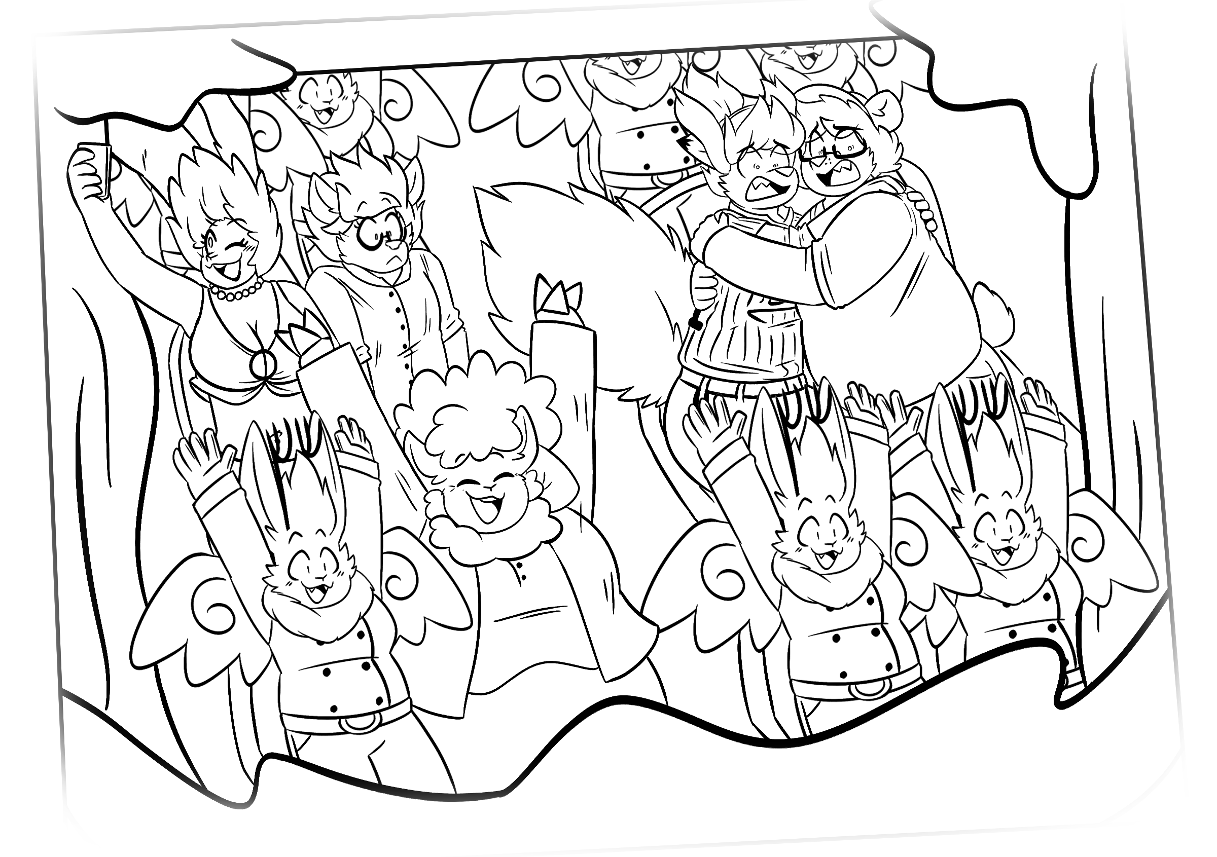 Chapter 14, second illustration. A photograph of the tour group on an amusement park ride. Fords, a group of wolpertingers, and Faye appear to be enjoying the ride. Holly, Azure, and Bridgette appear frightened by it.