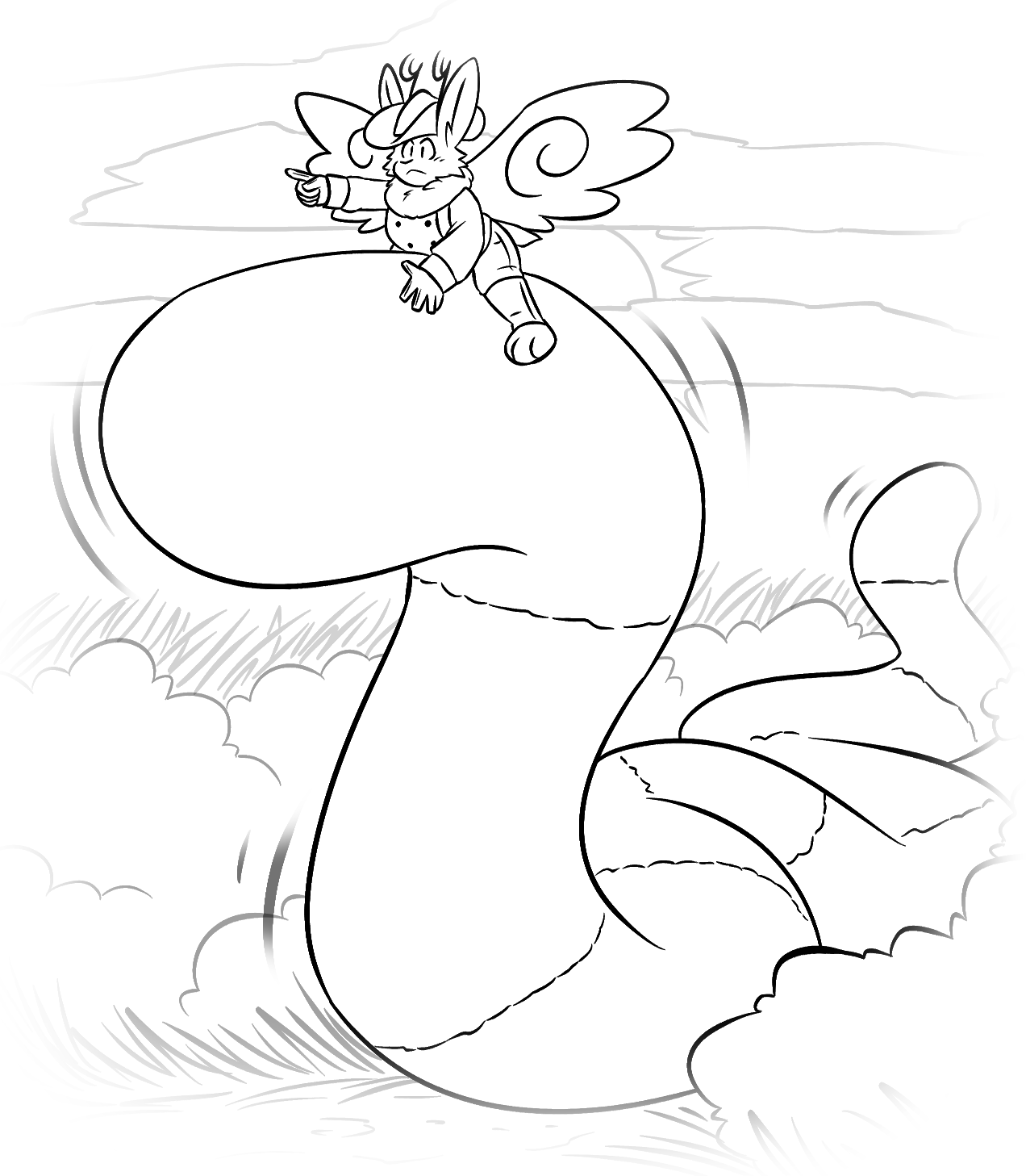 Chapter 15, first illustration. Diana, a wolpertinger wearing a cowboy hat, straddles the top of a giant gummy worm. She points forward, ushering it on with a blank expression on her face.