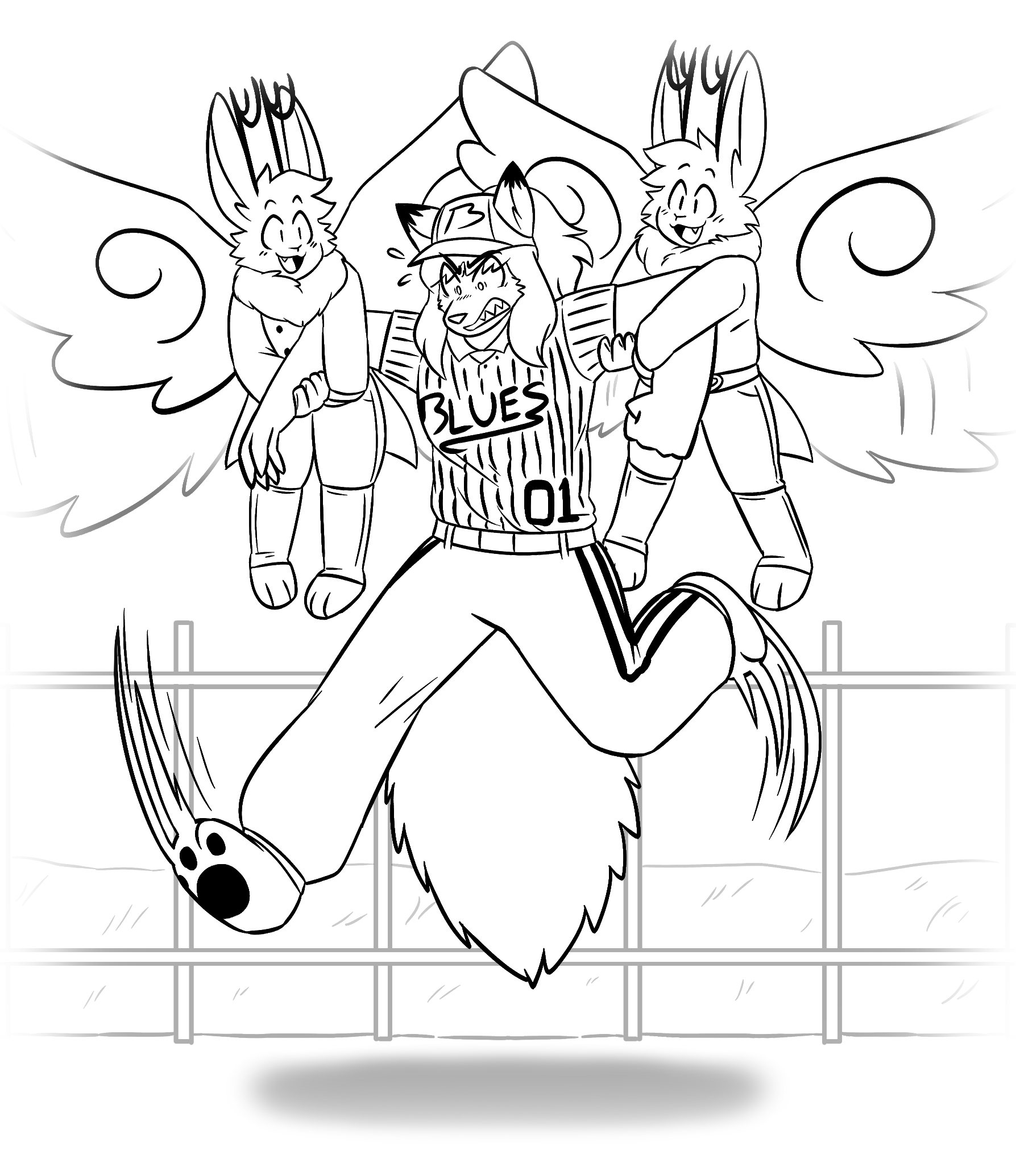 Chapter 15, second illustration. Azure Burle is held off of the ground by a pair of wolpertingers. She kicks her legs furiously, while the wolpertingers look at her with genuine smiles.