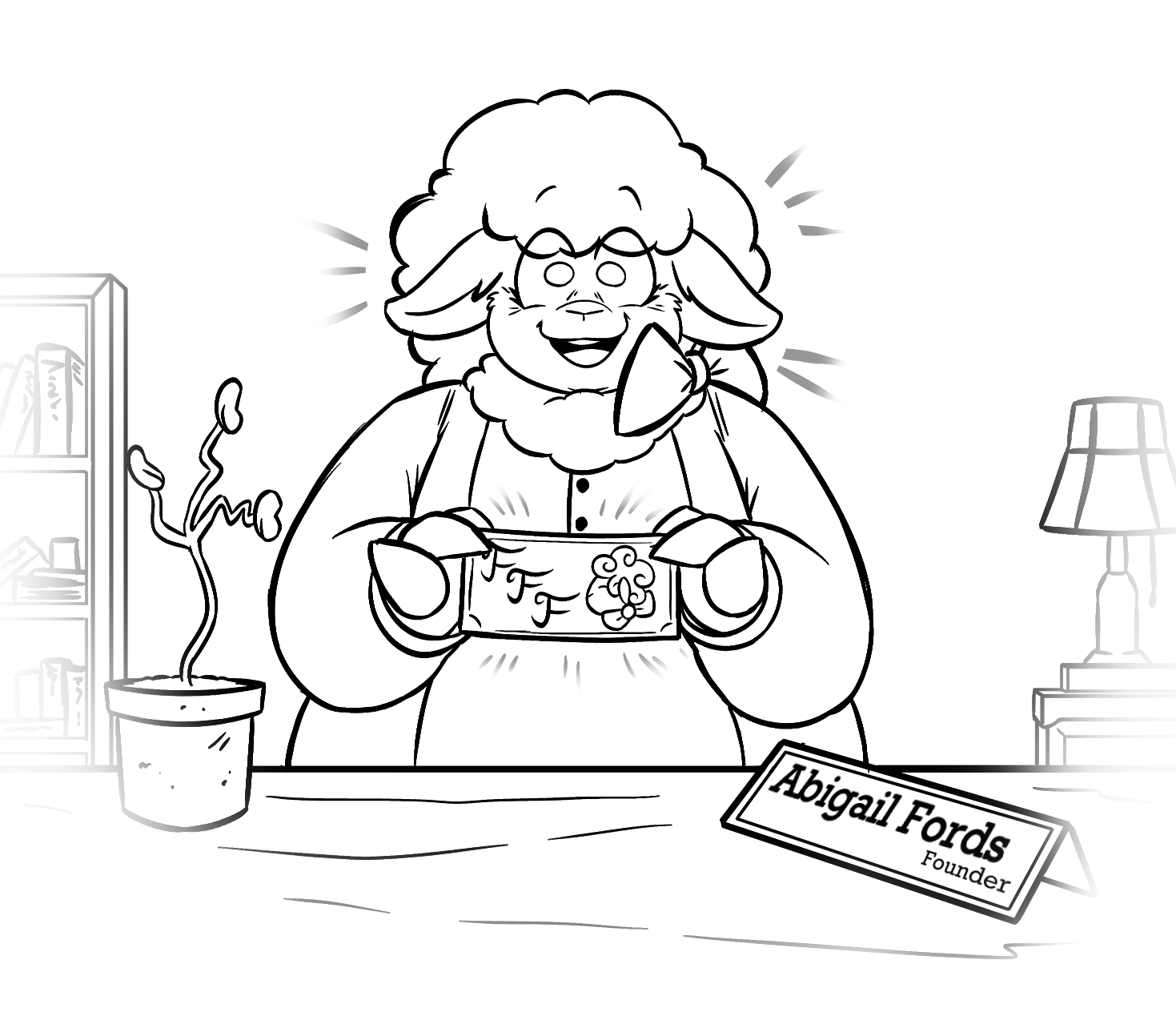 Chapter 2 Illustration. An aged sheep woman with with a large bow on the right side of her neck sits behind a desk with her nameplate, reading "Abigail Fords, Founder" as well as a potted bean plant with a few sprouts. She looks excited as she presents a large ticket with the text "FFF" and a logo resembling herself.