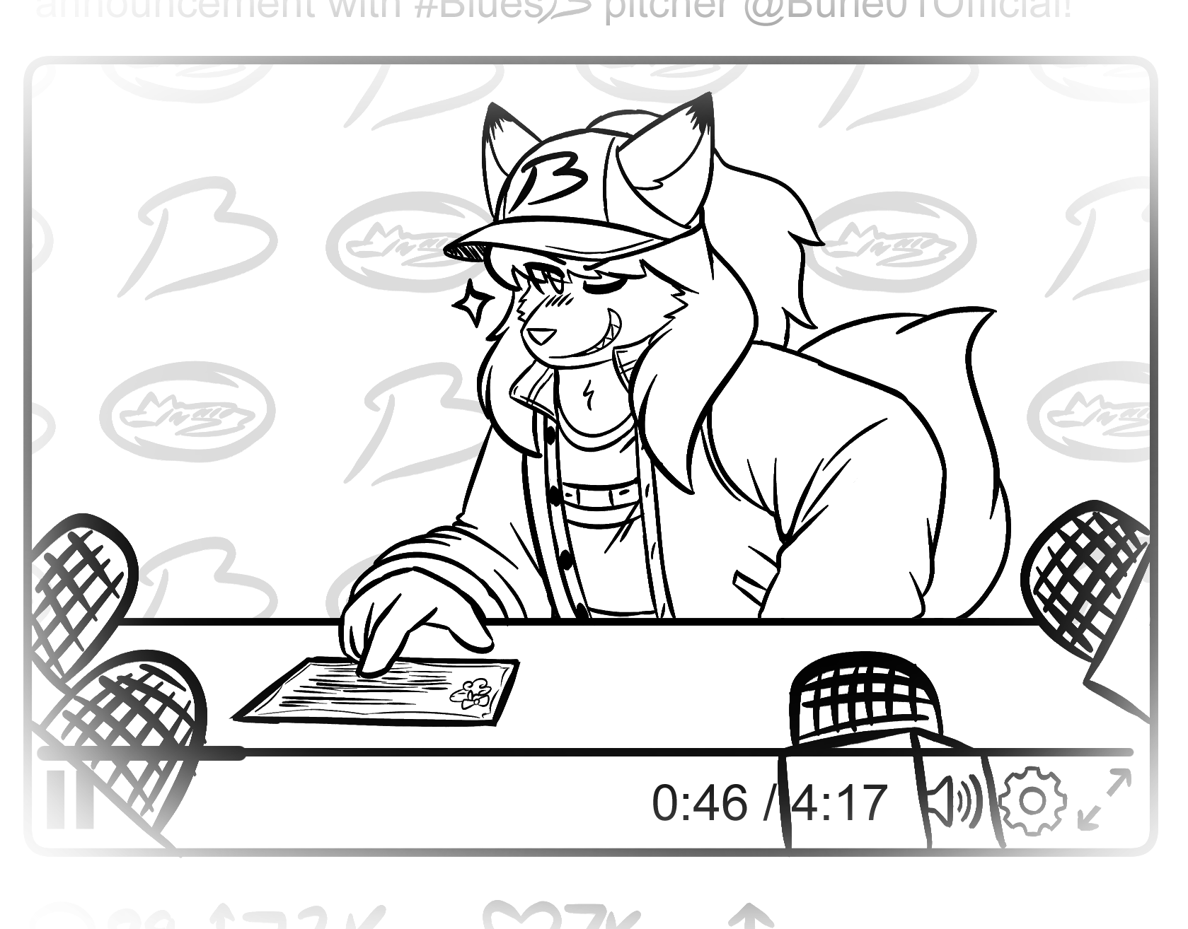 Chapter 3 Illustration. In a video player, an arctic fox woman with long bangs, ponytail, and a baseball cap with a "B" logo leans over a table at a press conference, surrounded by microphones. She haughtily nudges a ticket towards the camera.
