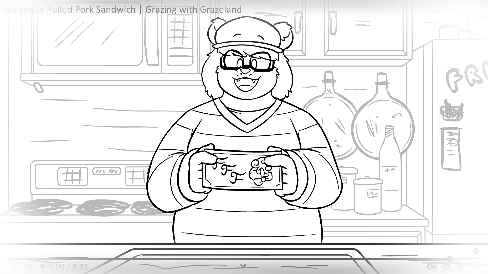 Chapter 6 Illustration. A bear woman with short hair, a hat, square glasses, a sweater, and a small frame stands behind a kitchen counter in a video player. She looks confident, talking to the camera and holding a ticket between her hands.