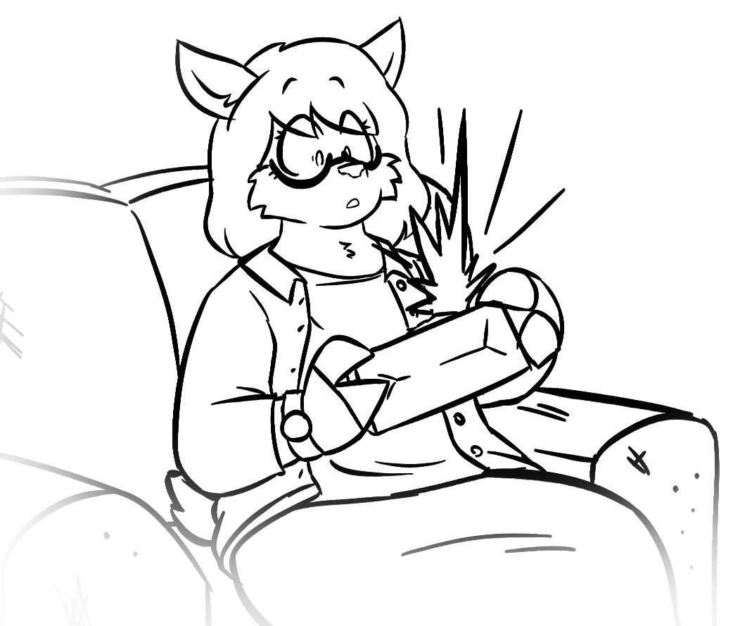 Chapter 7 Illustration. Holly Perez sits on a couch with her overshirt unbottoned. She holds a candybar in her hand which is still mostly wrapped. A bright glimmer of light is shining from the exposed part of the candy bar, and Holly looks surprised at it.