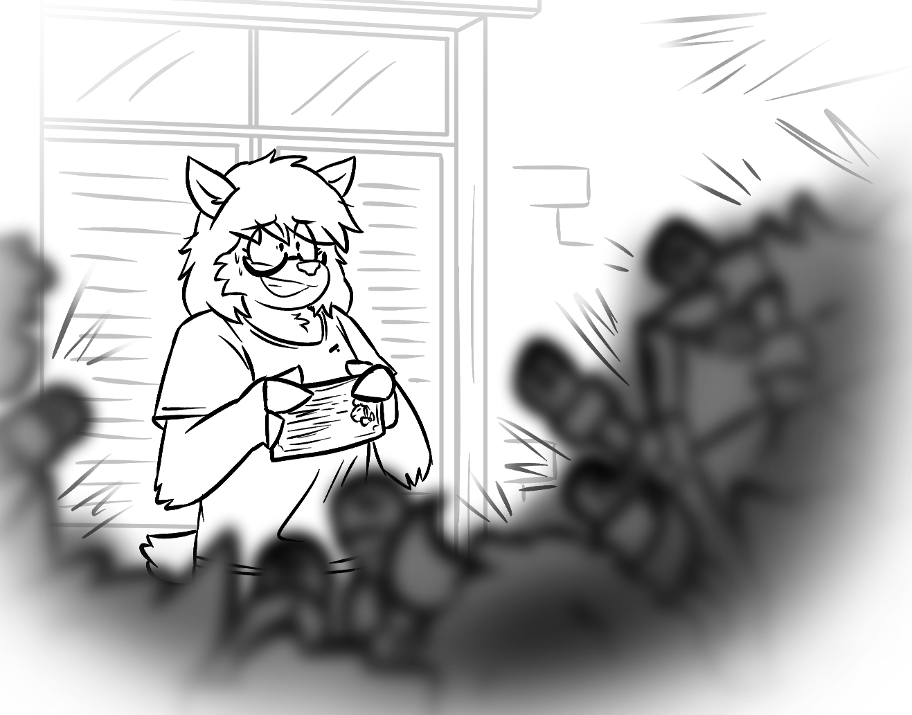 Chapter 8, first illustration. Holly Perez stands with a ticket in her hands. She looks anxious, and her back is against the doors to her apartment building due to a ring of reporters surrounding her with cameras and microphones.