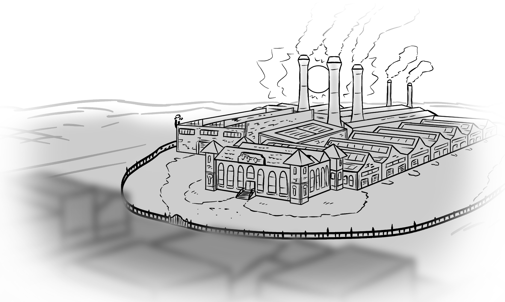 Chapter 8, second illustration. The Fords complex, a sprawling collection of brick industrial buildings, sits on the edge of a small town. Hills are visible in the distance, and the setting sun is framed between two of its tall smokestacks.