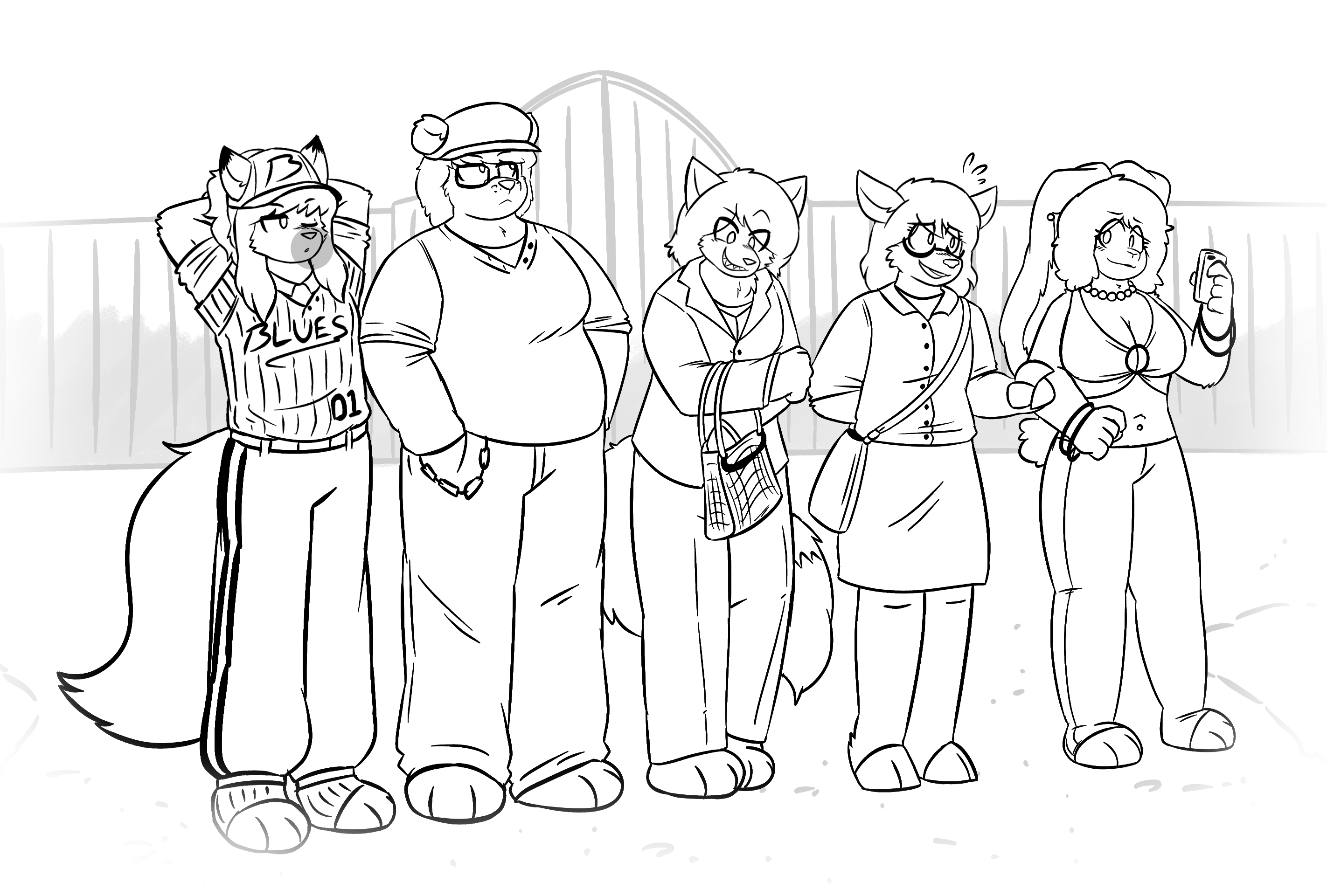 Chapter 9, first illustration. Azure, Bridgette, Delouise, Holly, and Faye are standing in a row with a tall iron fence behind them. Azure is blowing a bubble. Bridgette is rolling her eyes. Delouise is placing something into an expensive purse. Holly is speaking nervously to Faye, and Faye is holding her phone out.