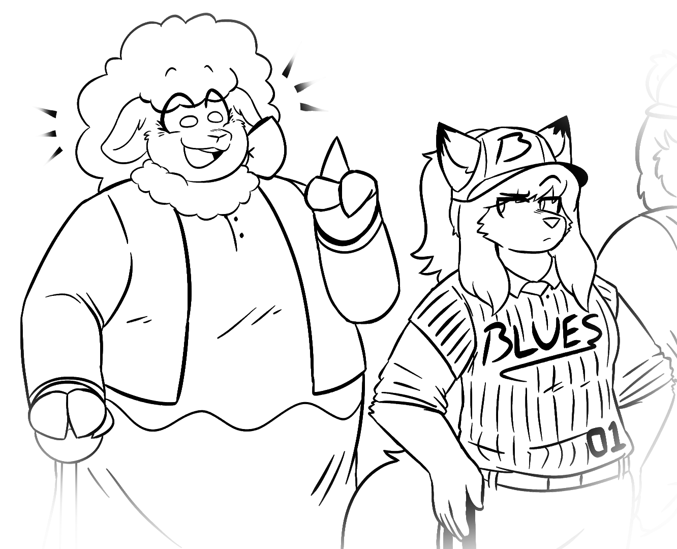 Chapter 9, second illustration. Abigail Fords walks by Azure. Fords is clearly enthusiastic, while Azure appears skeptical.